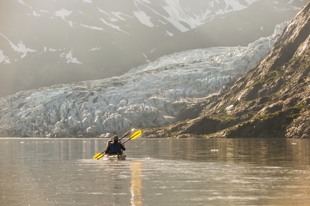 Sea kayakers paddling in evening light at Shoup Bay State Marine Park Prince William Sound Valdez Southcentral Alaska Canvas Art - Kevin Smith Design Pics (38 x 24)
