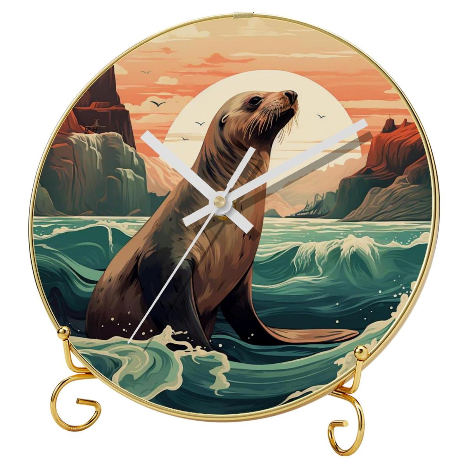 Sea lion Round Wall Clocks with Hooks and Gold Stand, Silent Non
