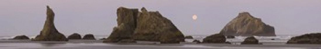 Sea stacks and setting moon at dawn Bandon Beach Oregon USA Canvas Art - Panoramic Images (22 x 4)