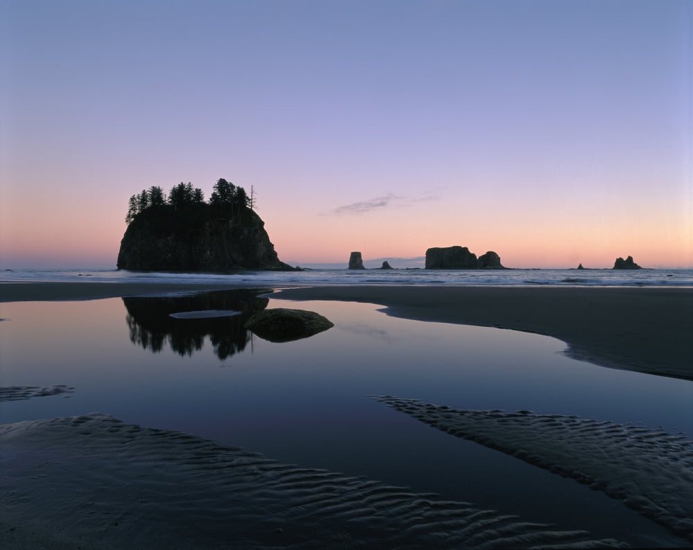 Sea stacks reflecting in tidal pools on 2nd Beach after sunset Olympic National Park WA Canvas Art - Panoramic Images (12 x 36)
