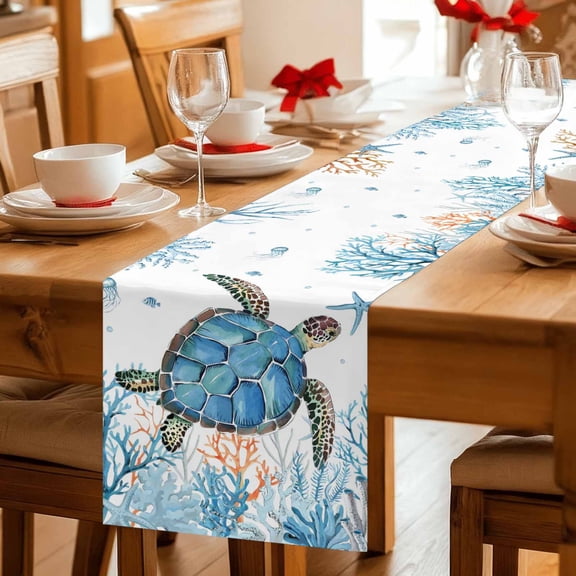 Sea turtle Blue Coral Starfish Table Runner 36 Inches Long,Kitchen Dining Tablerunners Ocean World Marine Life Linen Table Runners Dresser Scarves for Home Dinner Wedding Holiday Party Decor