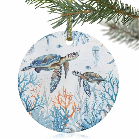 Sea ​​turtle Ocean Blue Coral Christmas Ceramic Ornament 2025,3" Round Xmas Tree Hanging Accessories with Gold Ribbon