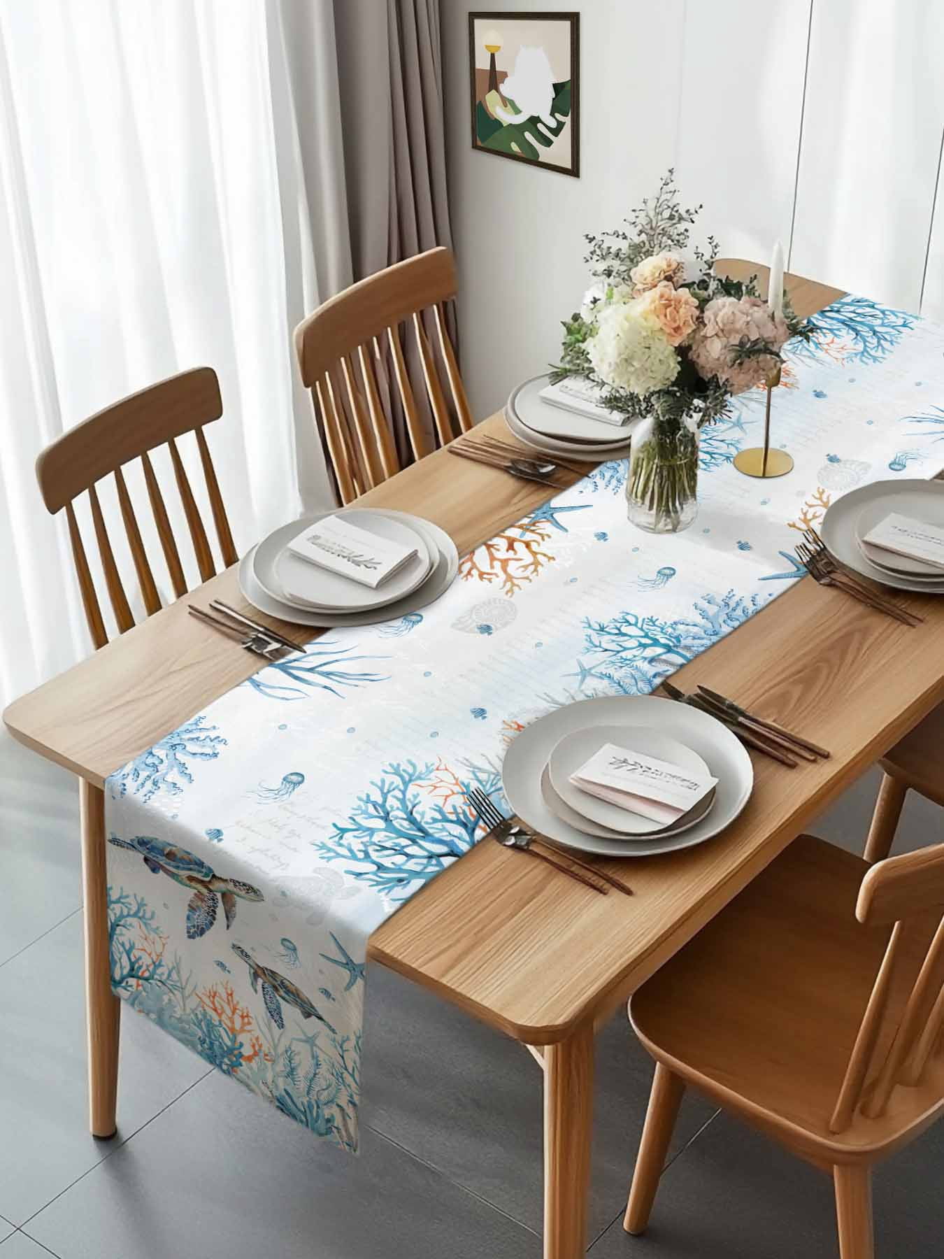 Sea ​​turtle Ocean Blue Coral Table Runner 90 Inches Long, Starfish Jellyfish Underwater World Table Runners Tabletop Scarf Kitchen Dining Tables Decoration for Home Party Indoor Outdoor