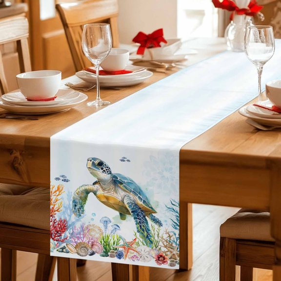 Sea turtle Ocean Coral Starfish Shell Table Runner 36 Inches Long,Kitchen Dining Tablerunners Summer Blue Ocean Linen Table Runners Dresser Scarves for Home Dinner Wedding Holiday Party Decor