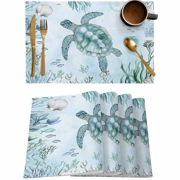 Sea turtle Ocean Shell Coral Placemats Set of 4,Wipeable Washable Table Mats for Dining Tables,Summer Underwater World Place Mats for Kitchen Event Party Tabletop Decor