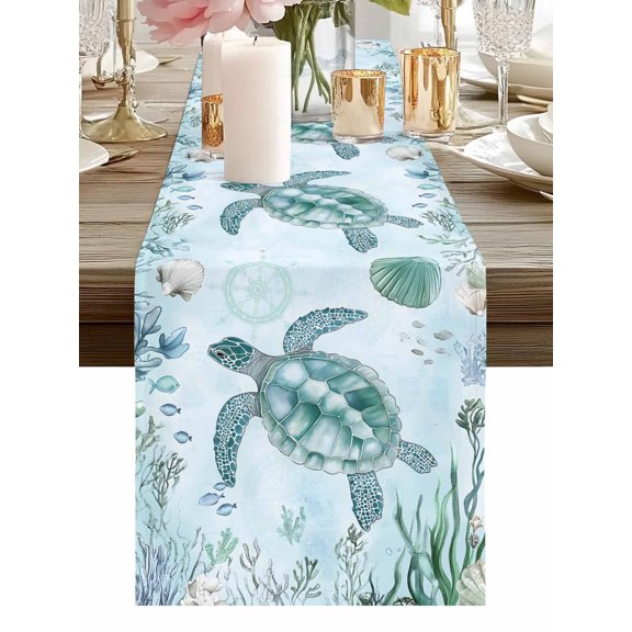 Sea turtle Ocean Shell Coral Table Runner-36 Inch Long Summer Underwater World Table Runners Linen Burlap Tablerunner for Kitchen Dining Room Holiday Party