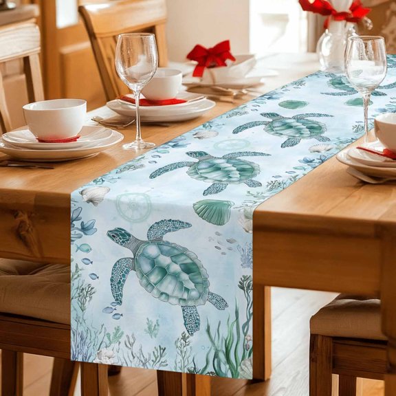Sea ​​turtle Ocean Shell Coral Table Runner 36 Inches Long,Kitchen Dining Tablerunners Summer Underwater World Linen Table Runners Dresser Scarves for Home Dinner Wedding Holiday Party Decor