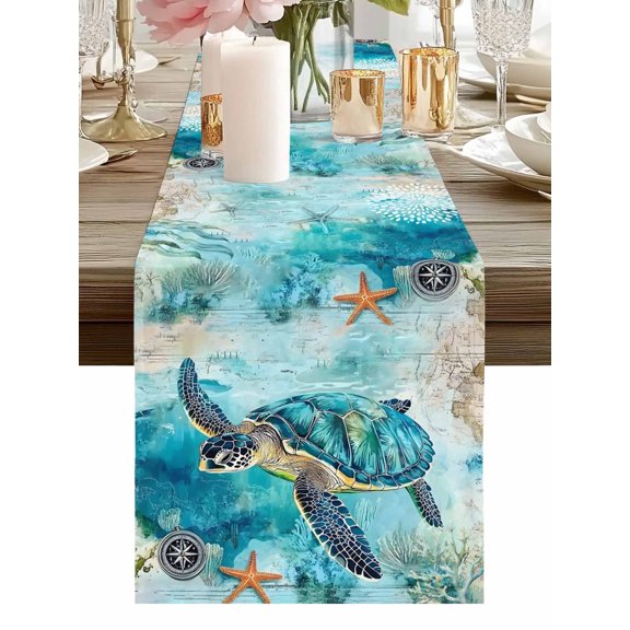 Sea ​​turtle Starfish Compass Table Runner-36 Inch Long Blue Ocean World Table Runners Linen Burlap Tablerunner for Kitchen Dining Room Holiday Party