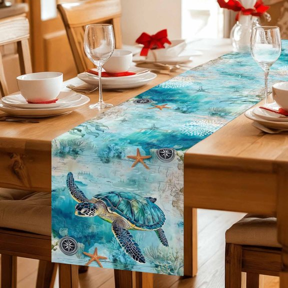 Sea ​​turtle Starfish Compass Table Runner 36 Inches Long,Kitchen Dining Tablerunners Blue Ocean World Linen Table Runners Dresser Scarves for Home Dinner Wedding Holiday Party Decor