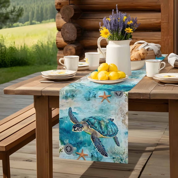 Sea turtle Starfish Compass Table Runner 60 Inch Long Blue Ocean World Table Runners Linen Burlap Tablerunner for Kitchen Dining Room Holiday Party