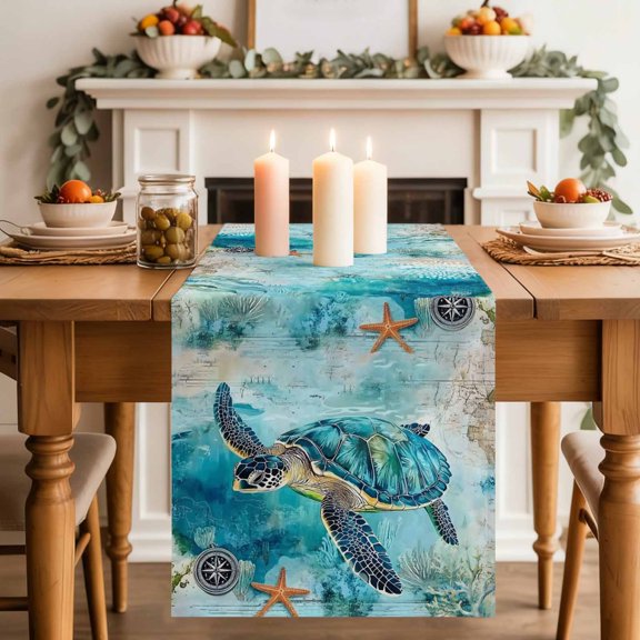 Sea ​​turtle Starfish Compass Table Runner 70 Inches Long,Kitchen Dining Tablerunners Blue Ocean World Linen Table Runners Dresser Scarves for Home Dinner Wedding Holiday Party Decor