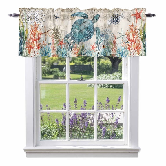 Sea turtle Starfish Coral Valances for Windows,Rod Pocket Valance for Kitchen Bedroom Bathroom Living Room, Summer Ocean Vintage Letter Window Valance Curtain Farmhouse Short Curtains 54x18in