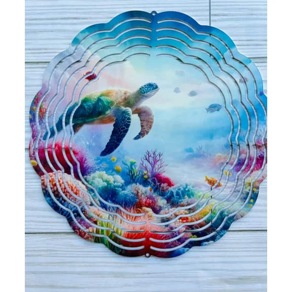 Sea turtle in ocean metal wind spinners for yard