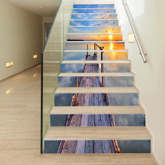 Sea view Sunset Landscape Pathway Wooden Trestle Peel and Stick Vinyl Stair Riser Decals Staircase Tile Stickers Decor Modern Marble Decoration Self-Adhesive 18x100cm