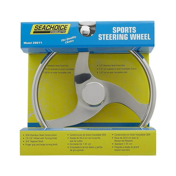 SeaChoice 28611 3-Spoke Stainless Steel 13-1/2" Dia. Boat Steering Wheel with Turning Knob