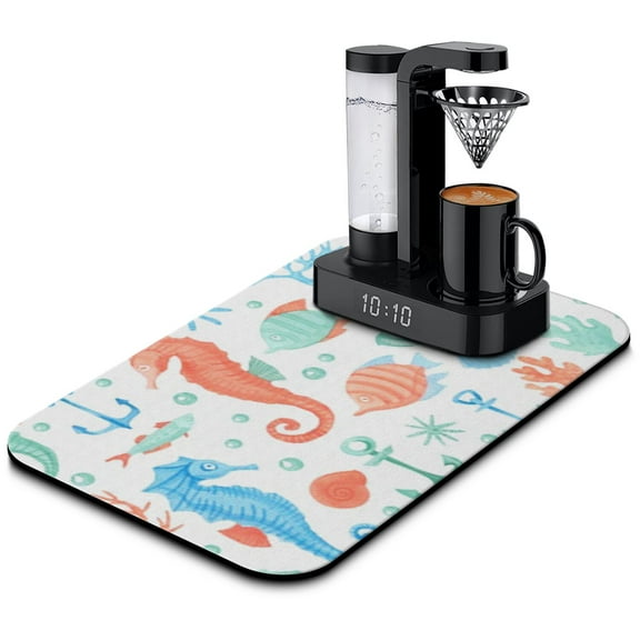SeaHorse Coffee Mat - Tropical Nautical Absorbent Drying Mat for Coffee Station, Non-Slip Kitchen Counter Mat with Cartoon Marine Life Design, 4-Layer Eco-Friendly Protector (15.7x23.6 Inch)