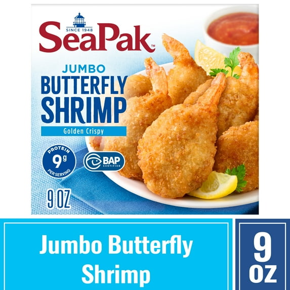 SeaPak Jumbo Butterfly Shrimp with Crispy Breading, 9 oz Box, BAP Certified, Frozen Seafood