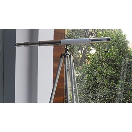 SeaSide Floor Standing Chrome -White Leather Admiral Telescope 60  Stand - NauticalMart
