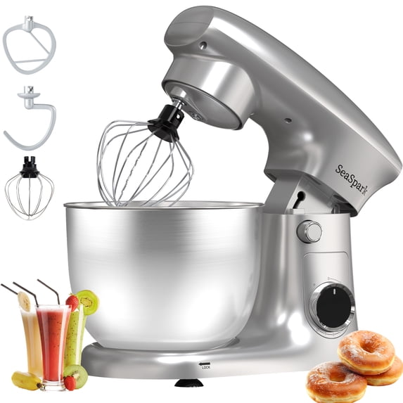 SeaSpark 3in1 Stand Mixer, Tilt-Head 10-Speed Kitchen Electric Stand Mixer, 5.5 QT Food Mixer with Dough Hook, Beater, Whisk, Silver