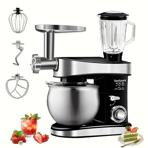 SeaSpark 5 in 1 Multifunctional Stand Mixer, 6 Quart, Black with Meat Grinder, Juice Blender, Egg Beater
