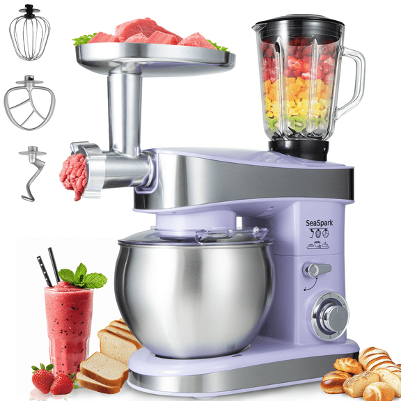 SeaSpark 6 in 1 Multifunctional Stand Mixer, 6 Speed Electric Food Mixer with 6.3 Quart Stainless Steel Bowl, 400W Tilt-Head, Purple