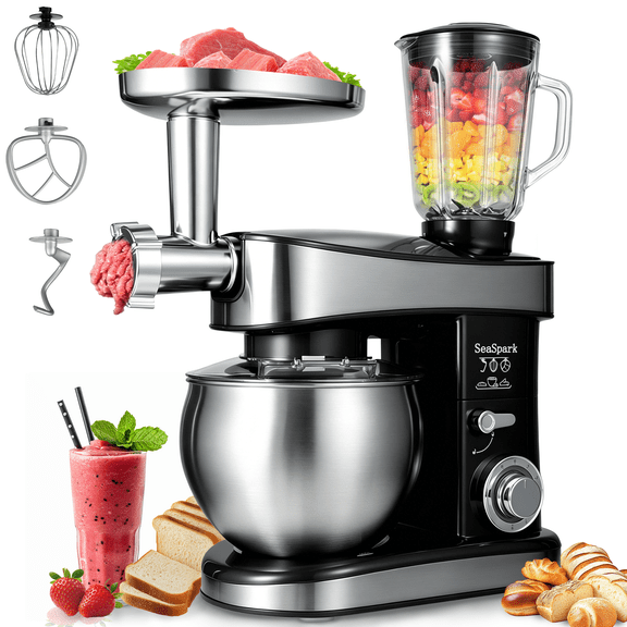 SeaSpark 6 in 1 Multifunctional Stand Mixer with 6.3 QT Stainless Steel Bowl, 6 Speed Tilt-Head Meat Grinder, Juice Blender, Pasta, Black