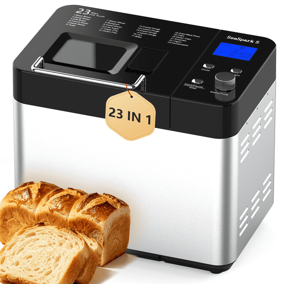 SeaSpark S 23-in-1 Stainless Steel Bread Maker Machine, 2 LB Automatic Bread Making Machine with Auto Nut Dispenser, Recipes, 15 H Timer & 1 H Keep Warm
