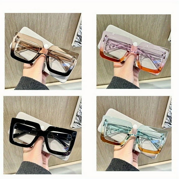 SeaSpark Square Large Frame Fashionable Eyeglasses, Flat Light Eyeglasses Comes with Eyeglass Cloth Bag, 4 Pack, Green-tea, Tea-black, Purple-orange, Black