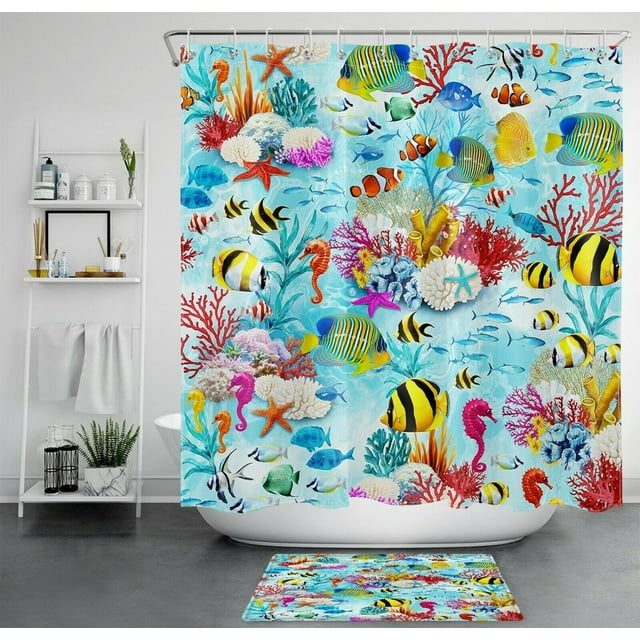 Seabed Plants Coral Tropical Fish Shower Curtain & Hooks Bathroom