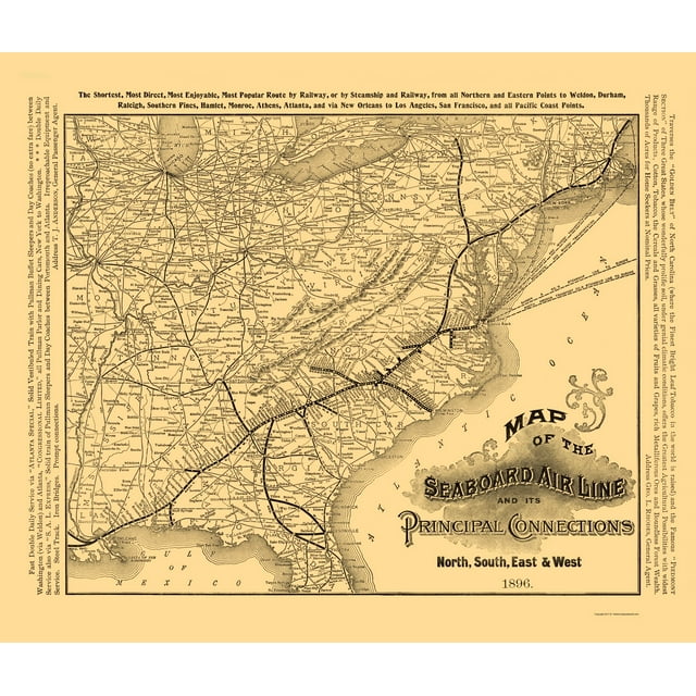 Railroad Map - Seaboard Air Line Railroad - Rand McNally 1896 - 23 x 27.07 - Vintage Wall Art