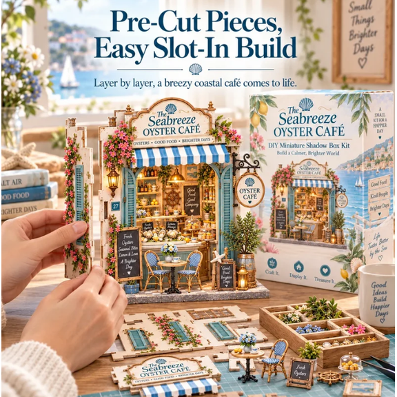 Seabreeze Oyster Cafe DIY Miniature Kit, 3D Coastal Cafe Shadow Box Model Kit, Pre-Cut Slot-In Pieces Tiny House Building Kit for Home Decor & Gift