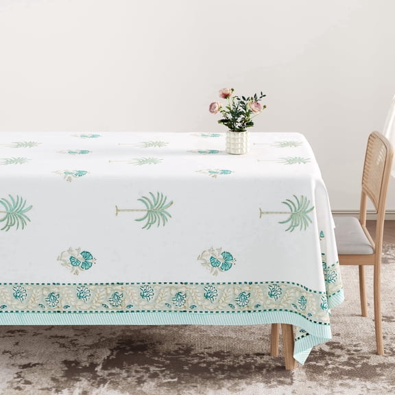 Seabreeze Palm Tablecloth 60 Inch x 90 Inch  Handmade Block Print, 100% Cotton, Machine Washable Dining Table Linen, Rectangular Table Cover | Palms & Petals Collection