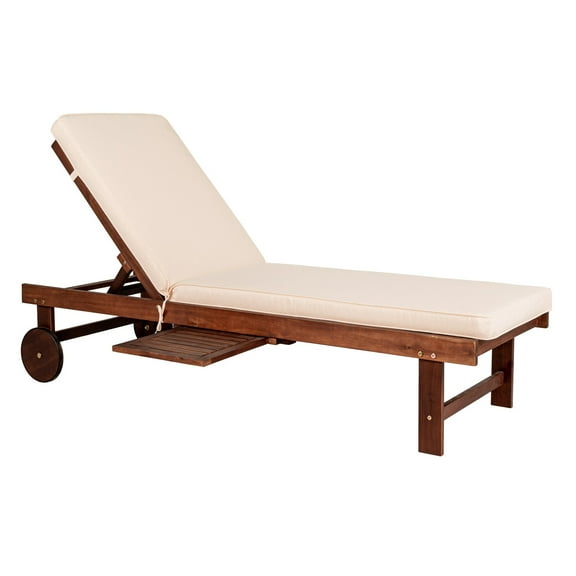 Seabrook 69 x 24 Inch Outdoor Acacia Wood Lounger with Cushion, 5-Position Back, Slide Table & Wheels, Dark Brown