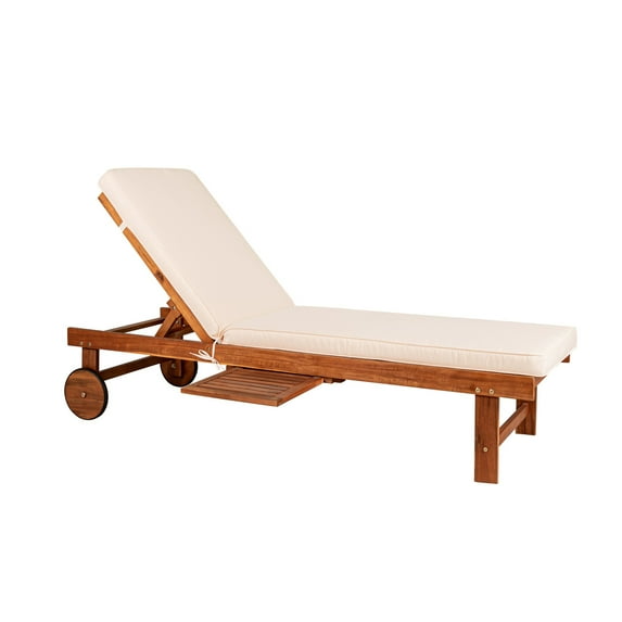 Seabrook 69 x 24 Inch Outdoor Acacia Wood Lounger with Cushion, 5-Position Back, Slide Table & Wheels, Light Brown