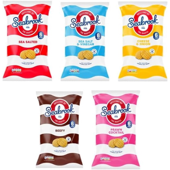 Seabrook Crinkle Cut British Crisps, 5 Flavours, Sea Salted, Sea Salt & Vinegar, Cheese & Onion, Beefy, Prawn Cocktail, 6 Bags per Pack