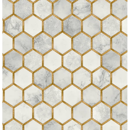 Seabrook Designs Alaska Grey & Metallic Gold Faux Hex Tile Prepasted Wallpaper