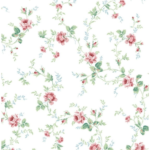 Seabrook Designs Blush & Spearmint Meadow Floral Trail Prepasted Wallpaper