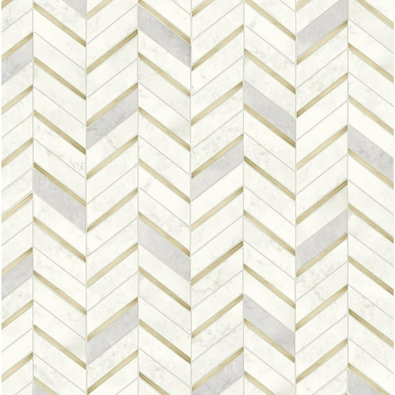 Seabrook Designs Gold & Pearl Grey Chevron Faux Tile Prepasted Wallpaper