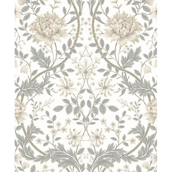 Seabrook Designs Ivory & Grey Honeysuckle Floral Prepasted Wallpaper - 20.9 in. W x 33 ft. Roll