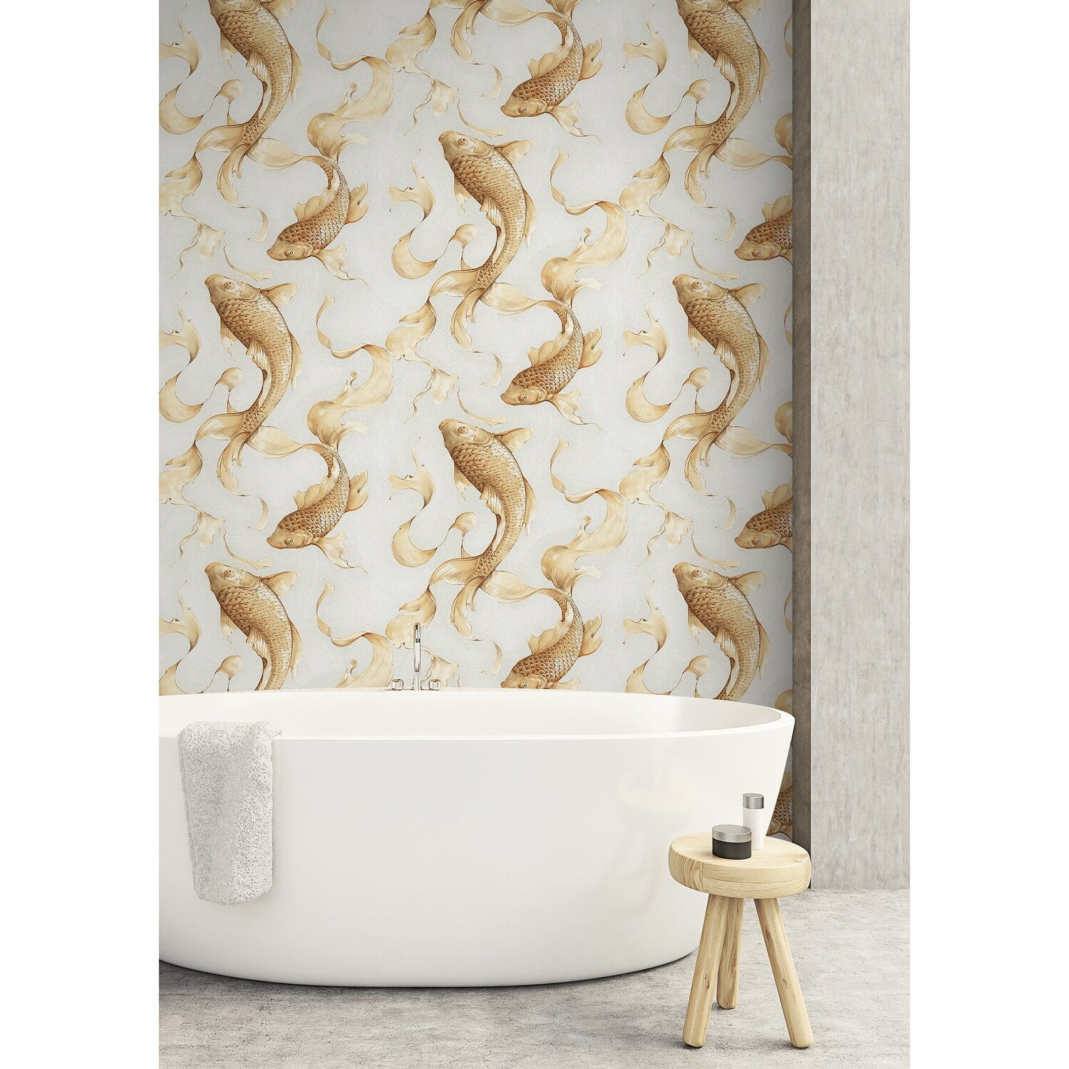 Metallic Gold and Off-White Koi Fish Wallpaper