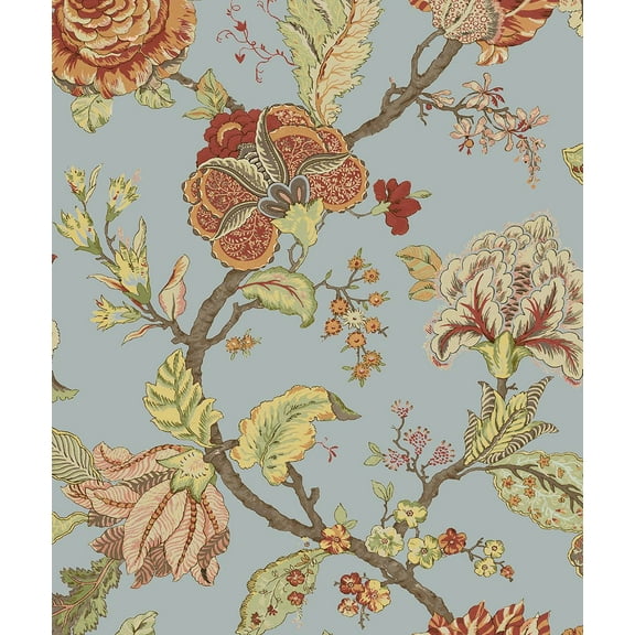 Seabrook Designs Lana Jacobean Prepasted Wallpaper 20.5 in W x 33 ft. L - Blue Dusk