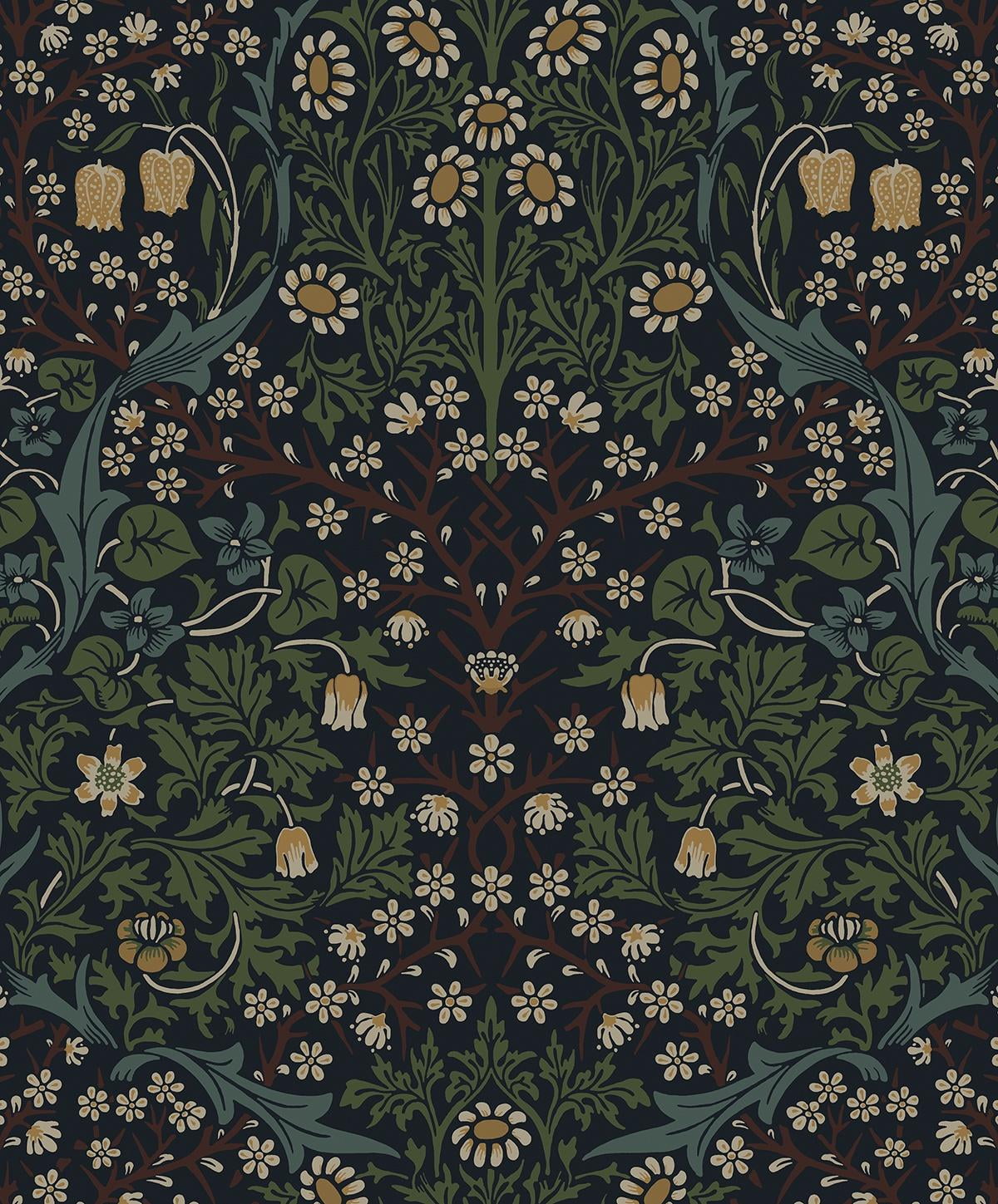 Midnight Blue & Evergreen Victorian Garden Floral Wallpaper