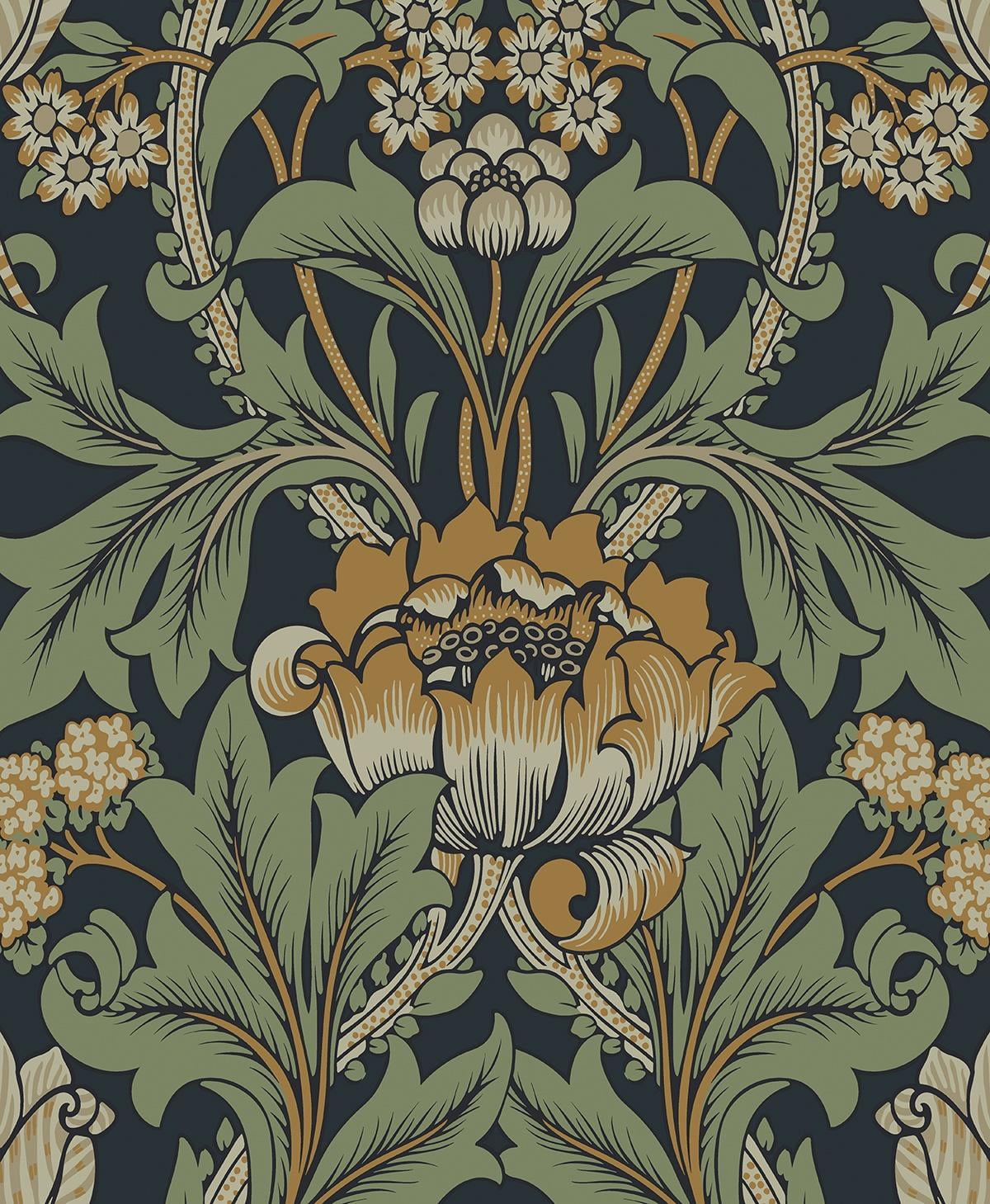 Seabrook Designs Midnight Blue & Goldenrod Primrose Garden Floral Prepasted Wallpaper - 20.9 in. W x 33 ft. Roll