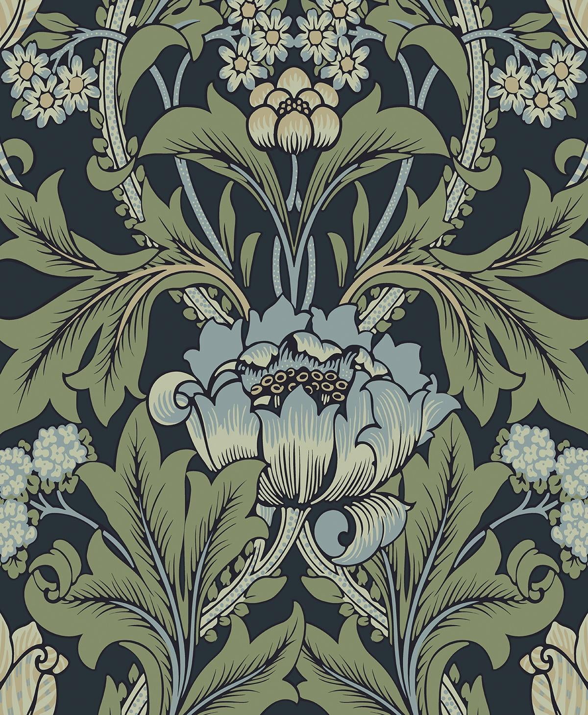 Seabrook Designs Midnight Blue & Sage Primrose Garden Floral Prepasted Wallpaper - 20.9 in. W x 33 ft. Roll