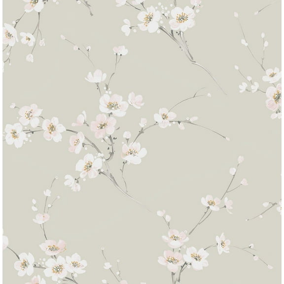 Seabrook Designs Pavestone & Pink Mist Blossoming Branches Prepasted Wallpaper - 20.5 in. W x 33 ft. Roll