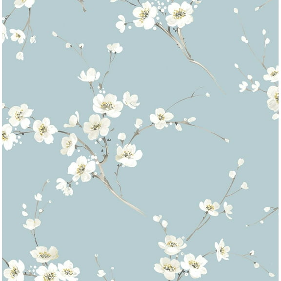 Seabrook Designs Sky Blue Blossoming Branches Prepasted Wallpaper