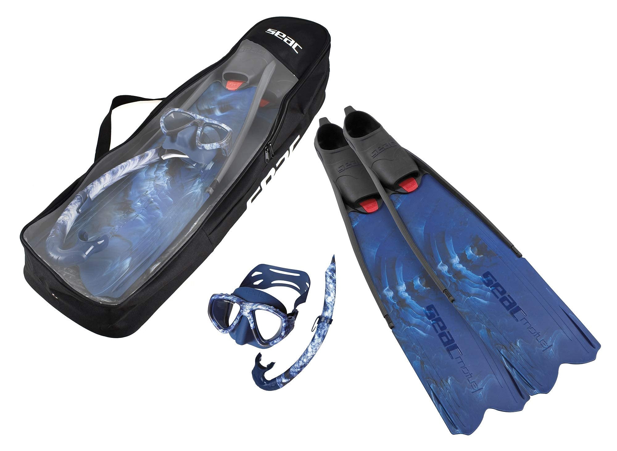 SEAC Motus Tris Freediving and Spearfishing Set - Motus Long Fins, One Diving Mask Jet Snorkel, Shoulder Bag Included (camo blue, 4.5-5.5)