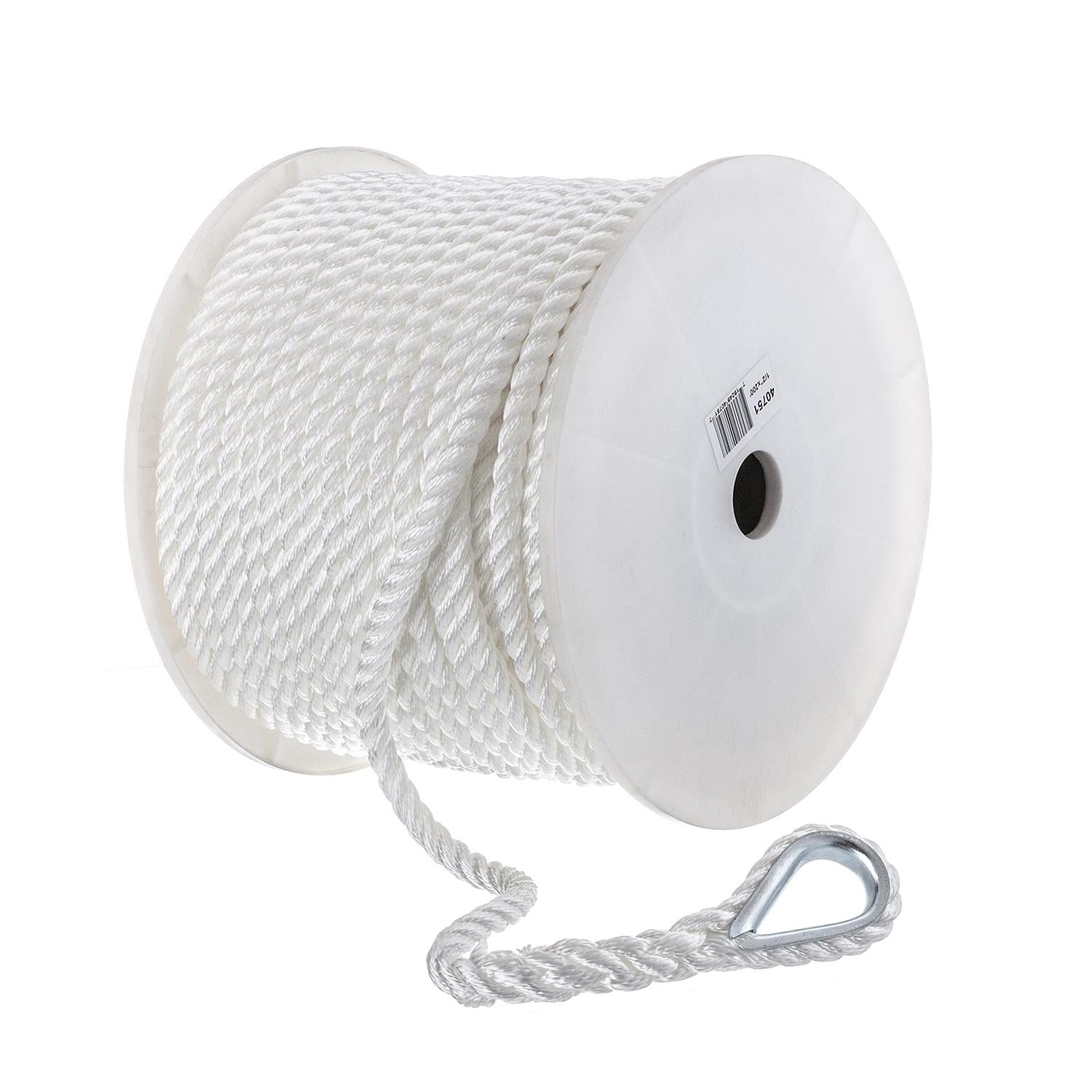 Seachoice Anchor Line Rope, 3-Strand Twisted, White, Nylon, 1/2 In