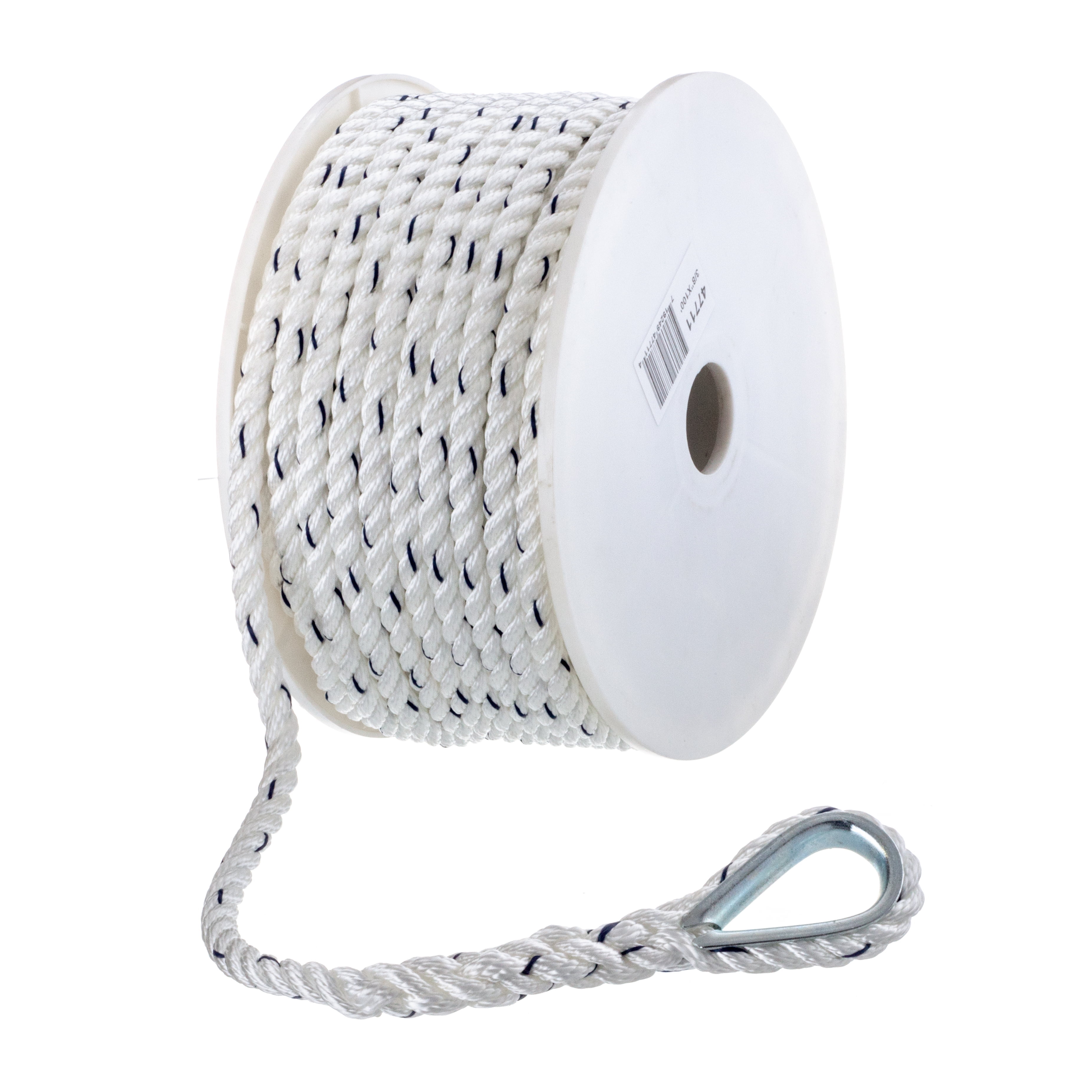 Seachoice Boat Anchor Line Rope, 3-Strand Twisted, Nylon, White/Blue, 3/8  In. X 100 Ft.