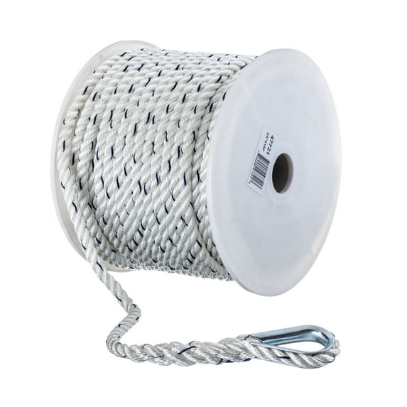 Seachoice Boat Anchor Line Rope, 3-Strand Twisted, Nylon, White/Blue, 3/8 In. X 150 Ft.